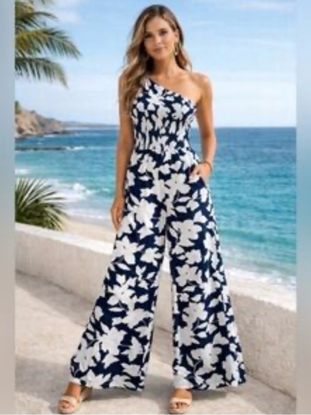 Japna One-Shoulder Navy & White Floral Jumpsuit